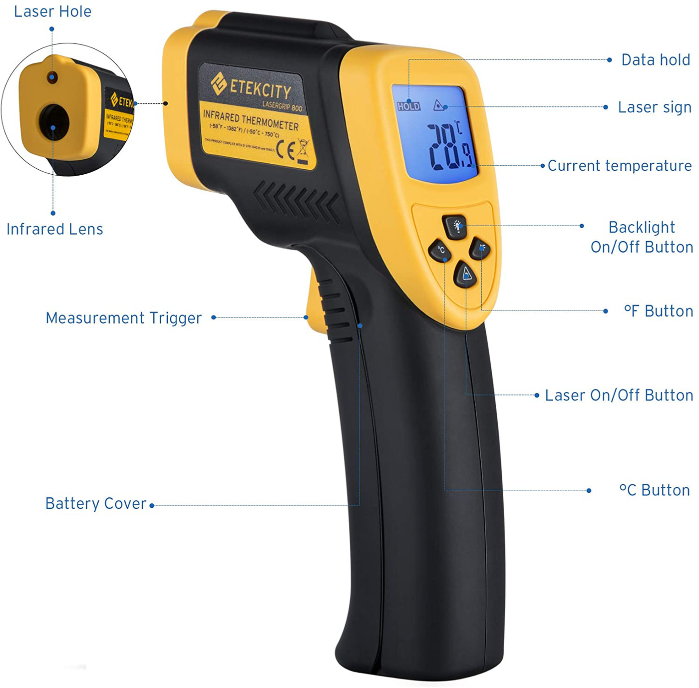 Etekcity Infrared Thermometer 800 (Not for Human) Non-Contact Digital Temperature Gun,16:1 DTS Ratio, 58℉ to 1382℉(-50℃ to 750℃), Yellow and Black