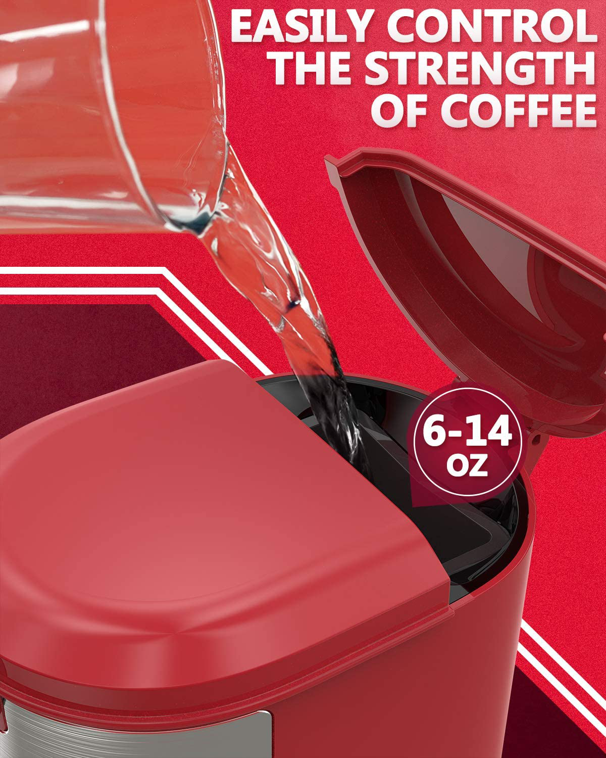 Single Serve Coffee Maker, Coffee Maker for K-Cup Pod & Ground Coffee, 2 IN 1 Strength-Controlled and Self Cleaning Function, KINGTOO Coffee Machine with 6 to 14 oz Brew Sizes (Red)