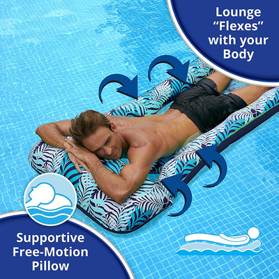 Aqua 18-Pocket Inflatable Contour Lounge, Luxury Fabric, Suntanner Pool Float, Heavy Duty, Teal Ferns