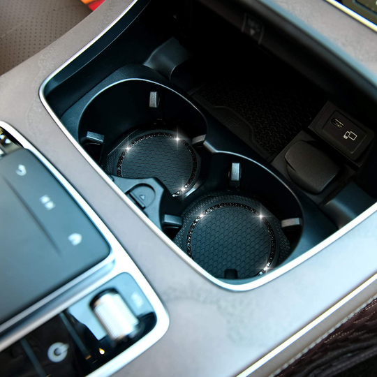 Valleycomfy 4PCS Bling Car Coasters, Universal Vehicle Bling Car Accessories -2.75 inch Silicone Anti Slip Crystal Rhinestone Cup Holder Coasters for Car (Black)