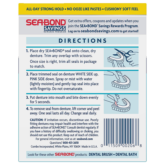 Sea Bond Secure Denture Adhesive Seals Lowers Original, Zinc Free, All Day Hold, Mess Free, 30 Count