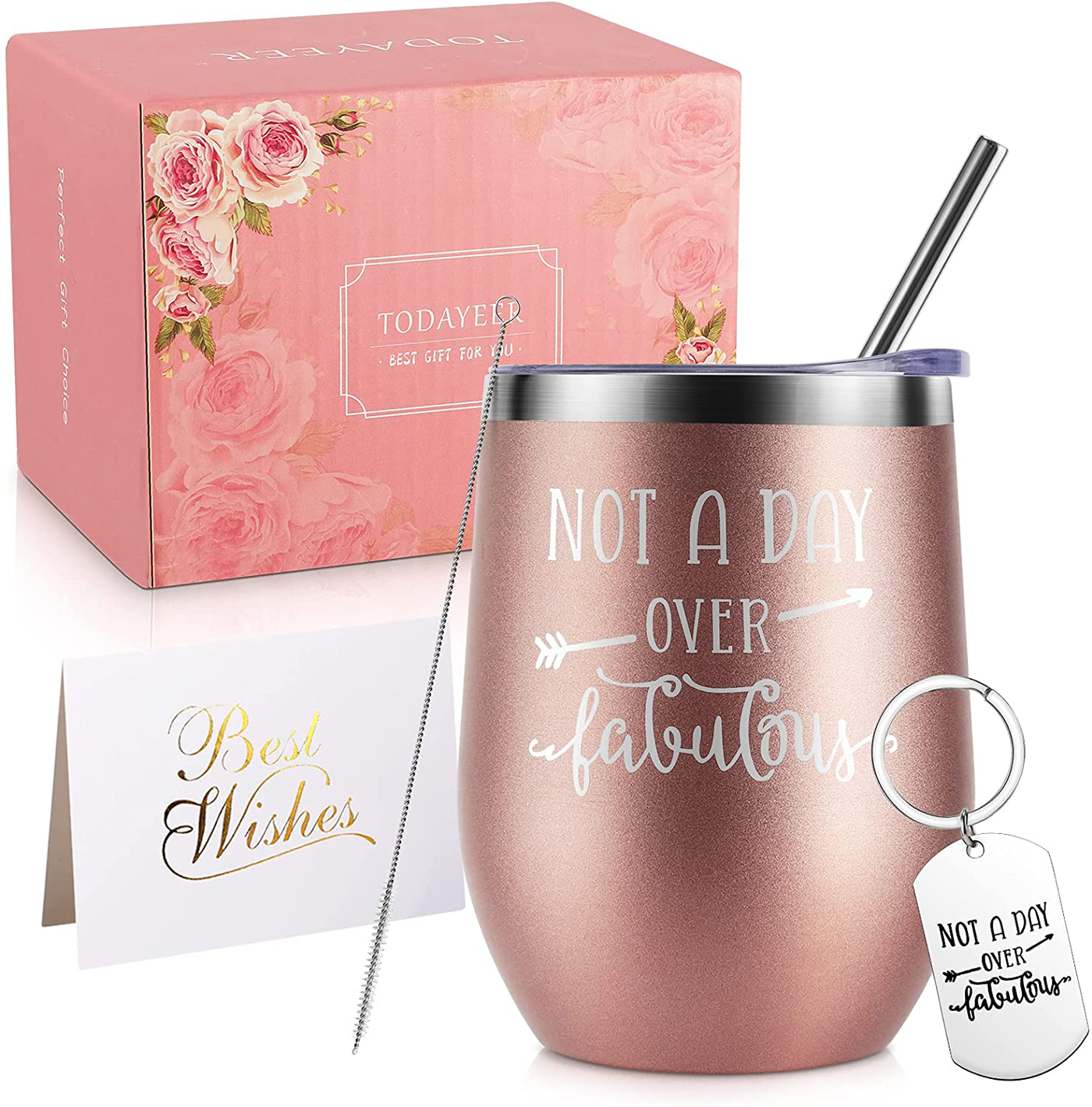 Gifts for Women Birthday Unique, Wife Birthday Gifts from Husband, Insulated Wine Tumblers Rose Gold Stainless Steel with Lid and Keychains Funny Gifts Set for Women Sister Friends Female Anniversary