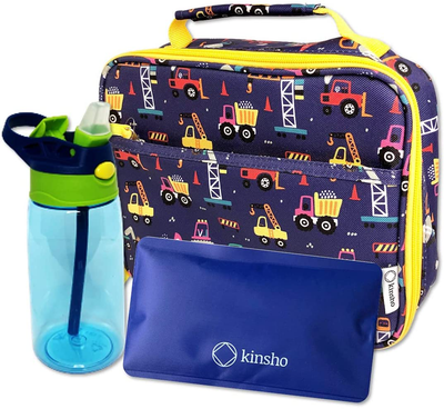 Lunch Box with Water Bottle and Ice Pack Set, Kids Lunch-Bag Set for Toddler Daycare, Pre-School, Boys Container for Lunches, Blue Trucks