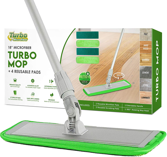Turbo Microfiber Mop Floor Cleaning System - 18-inch Sweeper with 4 Reusable Pads and 360-Spin Mop Head with Extendable Handle - Household Cleaning Supplies and Tools