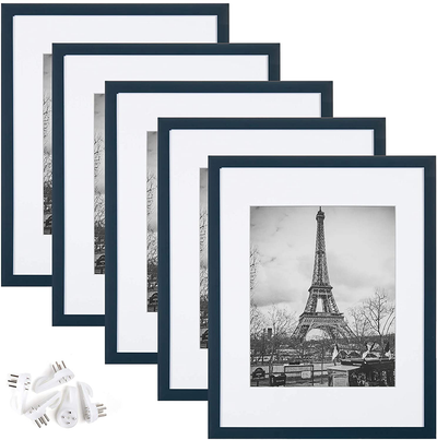 upsimples 11x14 Picture Frame Set of 5,Display Pictures 8x10 with Mat or 11x14 Without Mat,Wall Gallery Photo Frames,Navy Blue