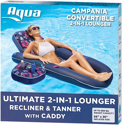 Aqua Campania Ultimate 2 in 1 Recliner & Tanner Pool Lounger with Adjustable Backrest and Caddy, Inflatable Pool Float