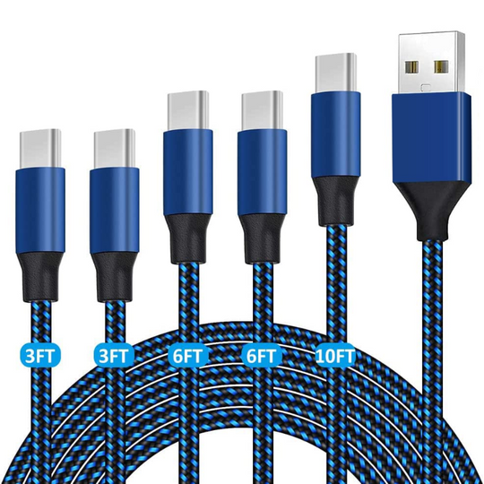 5 Pack (3/3/6/6/10FT) Nylon Braided USB C Fast Charging Cord - Compatible with Samsung Galaxy and more