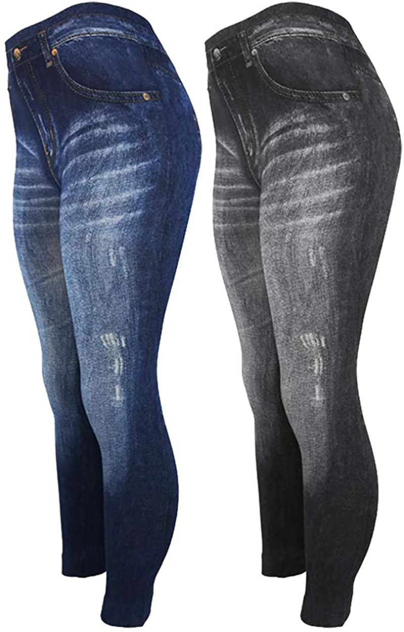 CLOYA Women's Denim Print Seamless Full Leggings for All Seasons - One Size Fits Large & X-Large