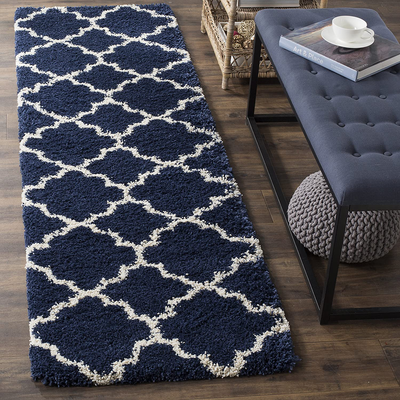 SAFAVIEH Hudson Shag Collection SGH282C Moroccan Trellis Non-Shedding Living Room Bedroom Dining Room Entryway Plush 2-inch Thick Runner, 2'3" x 8' , Navy / Ivory