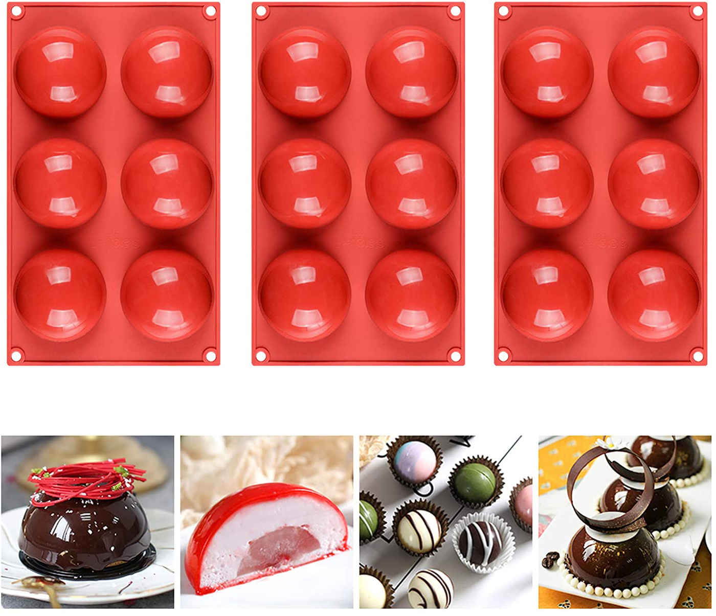 Fimary 3 Inches 6 Holes Half Sphere Silicone Mold For Chocolate, Cake, Jelly, Pudding, Food Grade Round Silicon Molds for Cake Baking (3)