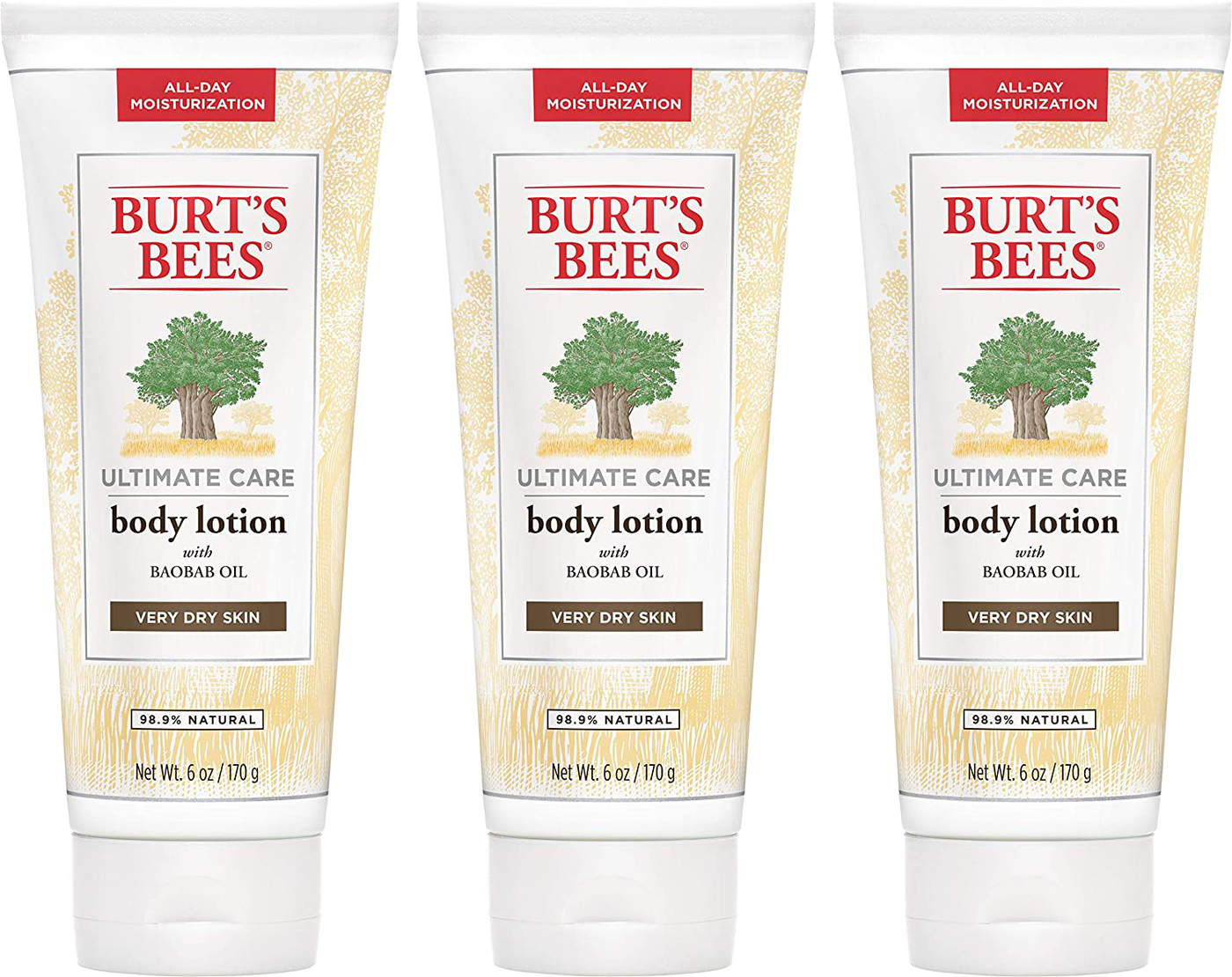 Body Lotion, Burt's Bees Moisturizer for Dry Skin, Unscented Skin Care, with Shea Butter & Babob Oil, 6 Ounce (Pack of 3) (Packaging May Vary)