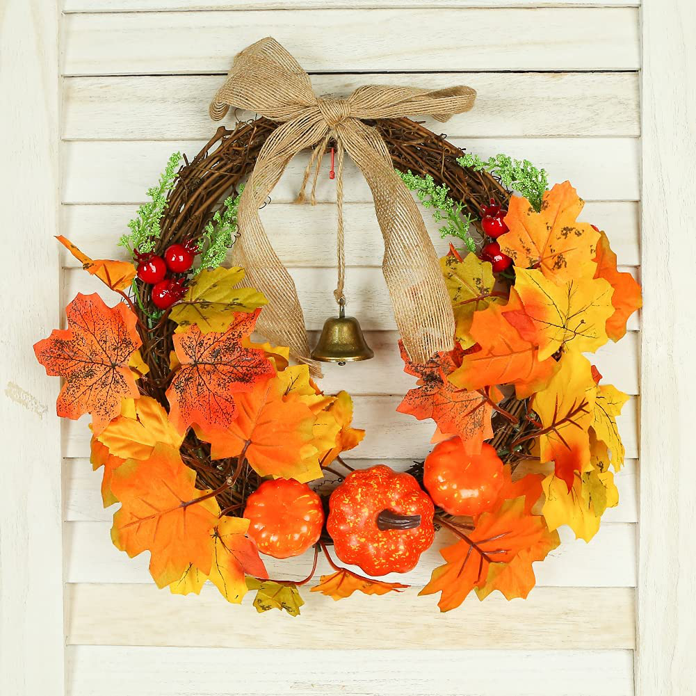 VGOODALL Fall Wreath,11 Inch Artificial Pumpkin Maple Leaves Wreath Hanging Front Door Garland for Thanksgiving Halloween Decorations Home Decor