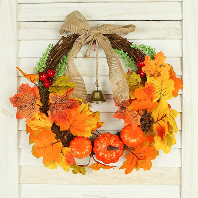 VGOODALL Fall Wreath,11 Inch Artificial Pumpkin Maple Leaves Wreath Hanging Front Door Garland for Thanksgiving Halloween Decorations Home Decor