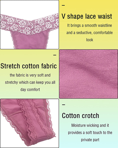 6 Pack Women's Sexy Lace Cotton Thongs Low Waist Underwear Soft Seamless Panties