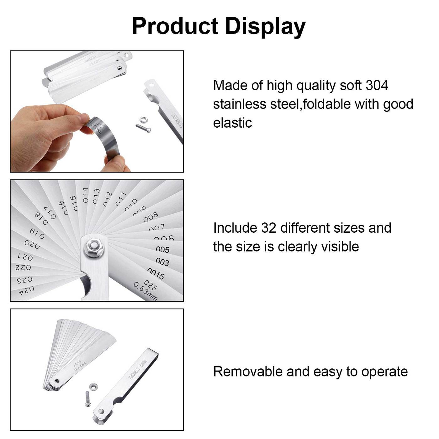 Stainless Steel Feeler Gauge Measuring Tool Dual Marked Metric and Imperial Gap Measuring (0.102/0.152-0.635/0.686 mm,22 Blades)