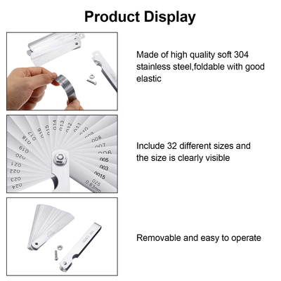 Stainless Steel Feeler Gauge Measuring Tool Dual Marked Metric and Imperial Gap Measuring (0.102/0.152-0.635/0.686 mm,22 Blades)