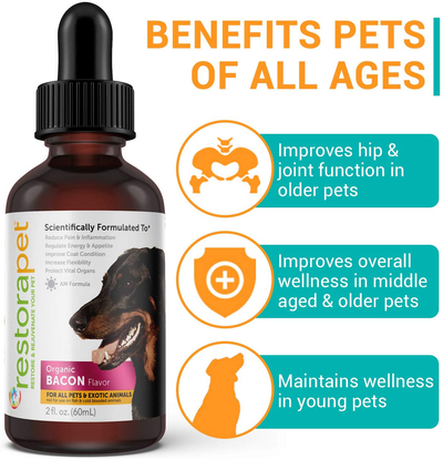 RestoraPet Organic Bacon Flavor Pet Supplement for Dogs, Cats & Horses | Healthy & Safe Antioxidant Liquid Drops | Anti-Inflammatory Multi-Vitamin | Increases Mobility, Energy & Reduces Joint Pain