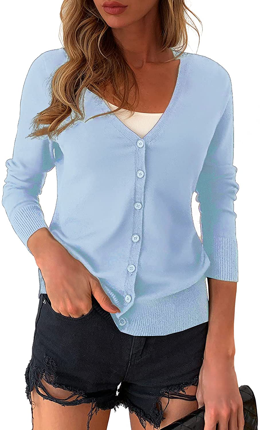 a.Jesdani Women's Button Down Crew Neck Long Sleeve Soft Knit Cardigan Sweaters