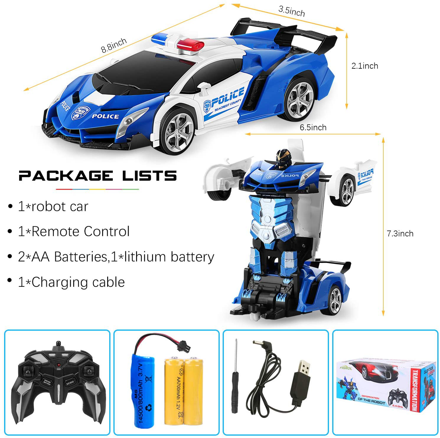 FIGROL Transform RC Car Robot, Remote Control Car Independent 2.4G Robot Deformation Car Toy with One Button Transformation & 360 Speed Drifting 1:18 Scale