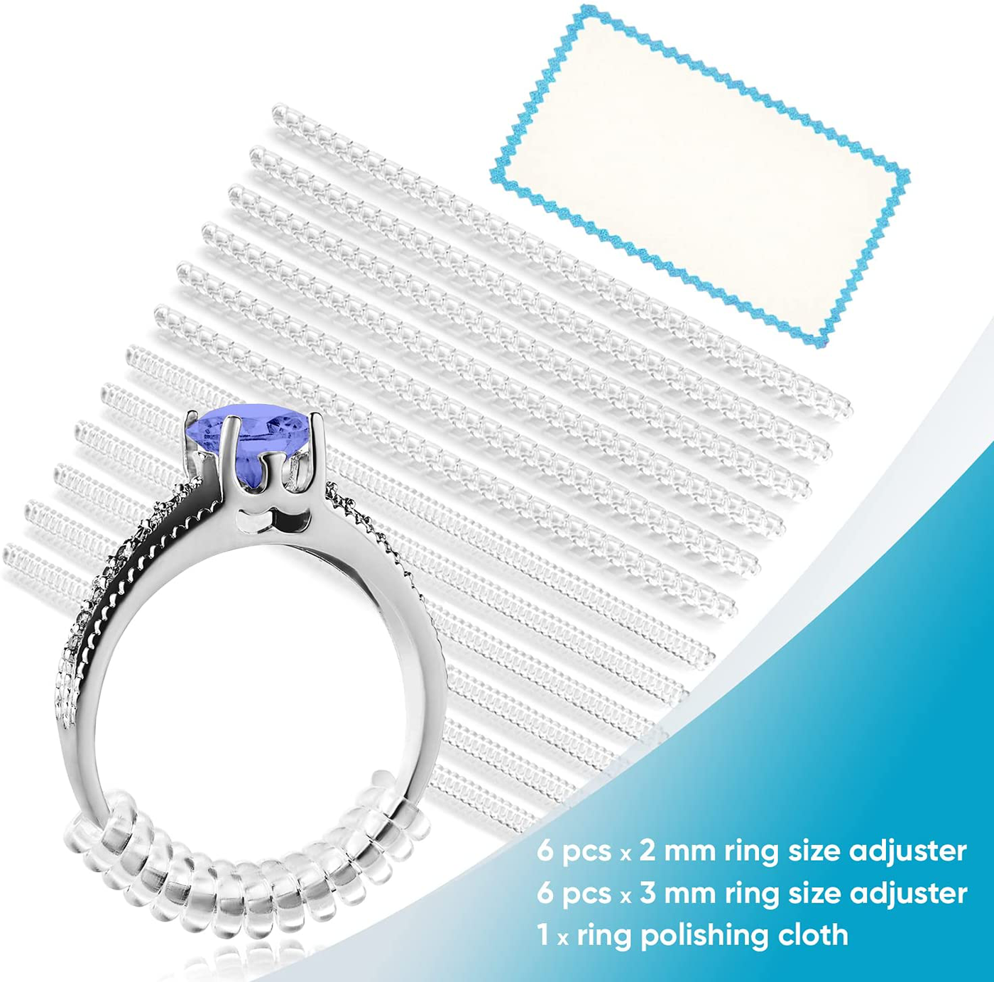 Ring Size Adjuster for Loose Rings - 12 Pack, 2 Sizes - Jewelry Sizer, Mandrel for Making Jewelry Guard, Spacer, Sizer, Fitter - Spiral Silicone Tightener Set with Polishing Cloth