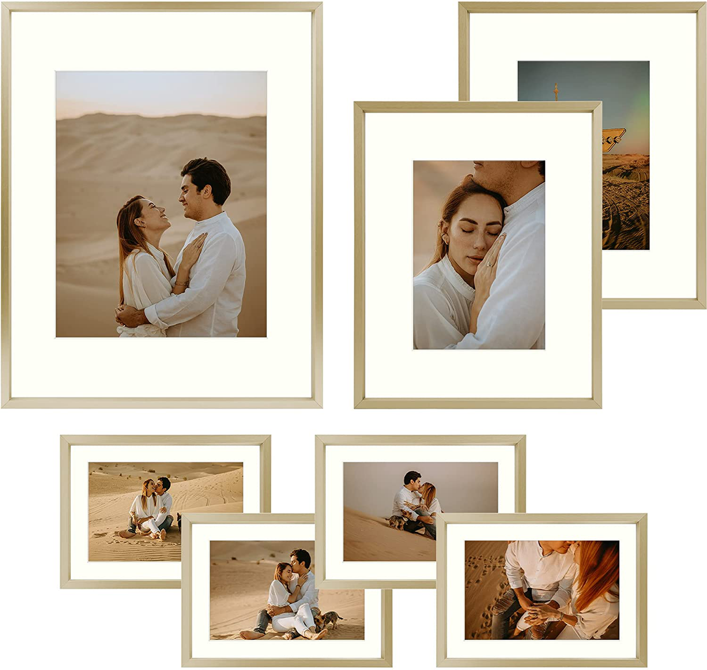 Frametory, Aluminum Picture Frames Set of 7 - Rose Gold Gallery Wall Kit - Displays One 11x14, Two 8x10, and Four 5x7 inch Photos for Home Decoration