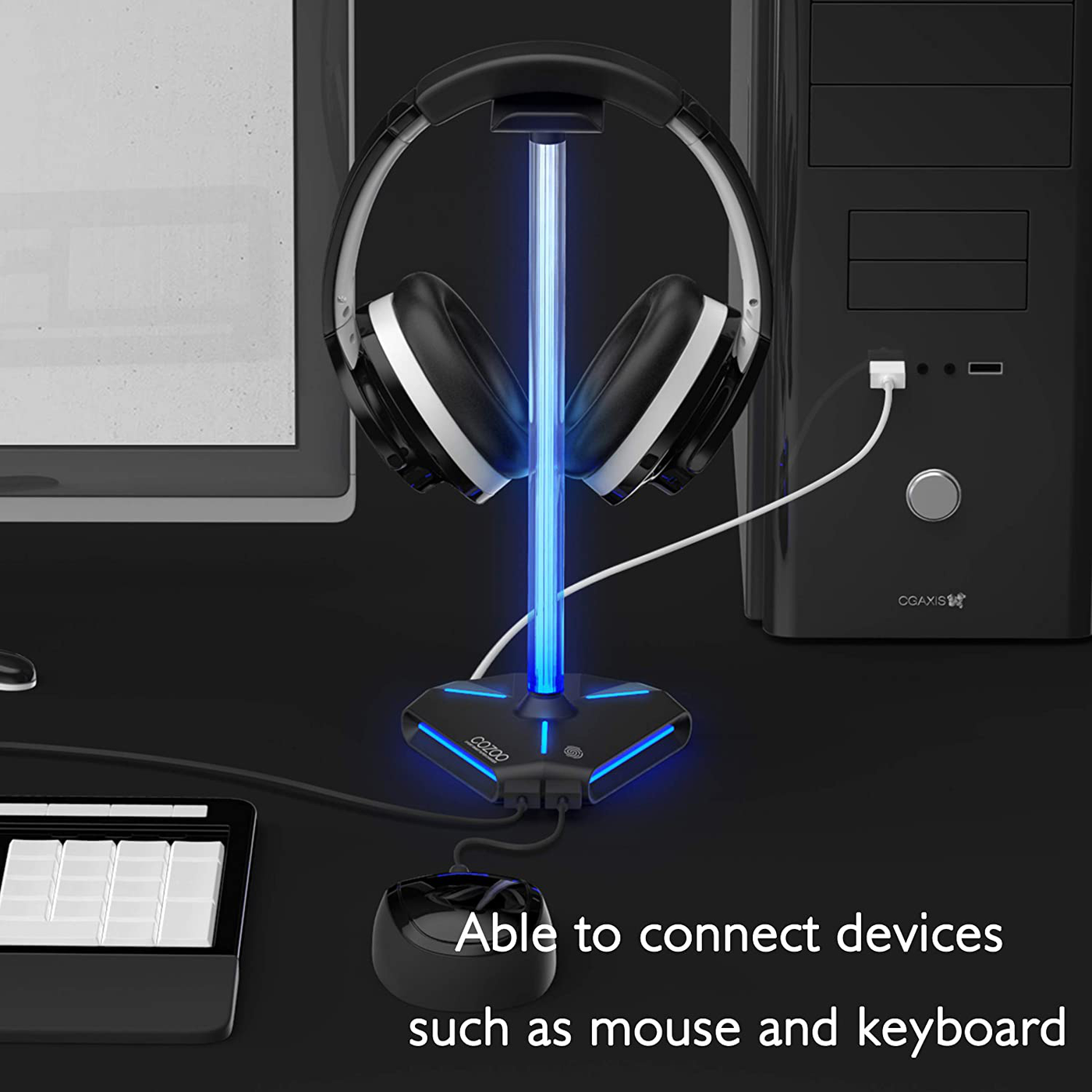 COZOO RGB Headphone Stand with 2 USB2.0 Extension Charging Port Extender Cord,Headset Stand Holder for Gamer Desktop Table Game Earphone Accessories