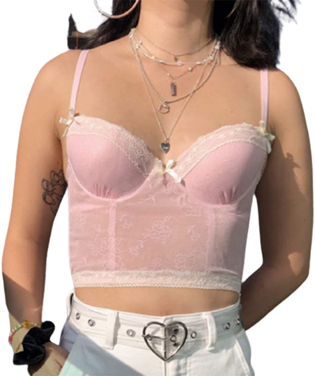 Women Y2K Cropped Tank Tops Sexy V Neck Spaghetti Strap Crop Top Lace Cami Shirt Sleeveless Patchwork Camisole