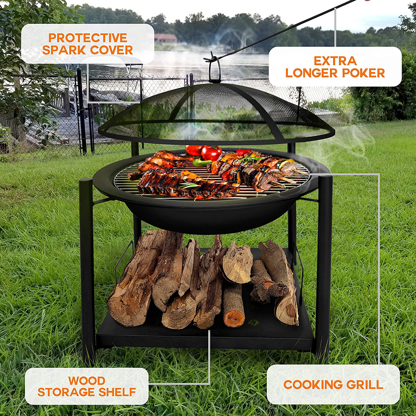 Portable Outdoor Wood Fire Pit - 2-in-1 Steel BBQ Grill 26" Wood Burning Fire Pit Bowl w/ Mesh Spark Screen, Cover Log Grate, Wood Fire Poker for Camping, Picnic, Bonfire - SereneLife SLCARFP54