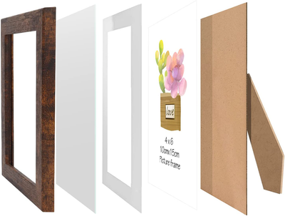 4x6 Picture Frame Set of 4, Display Photo 4x6 with Mat or 5x7 without Mat, Wooden Rustic Picture Frames for Tabletop or Wall Mounting, Brown