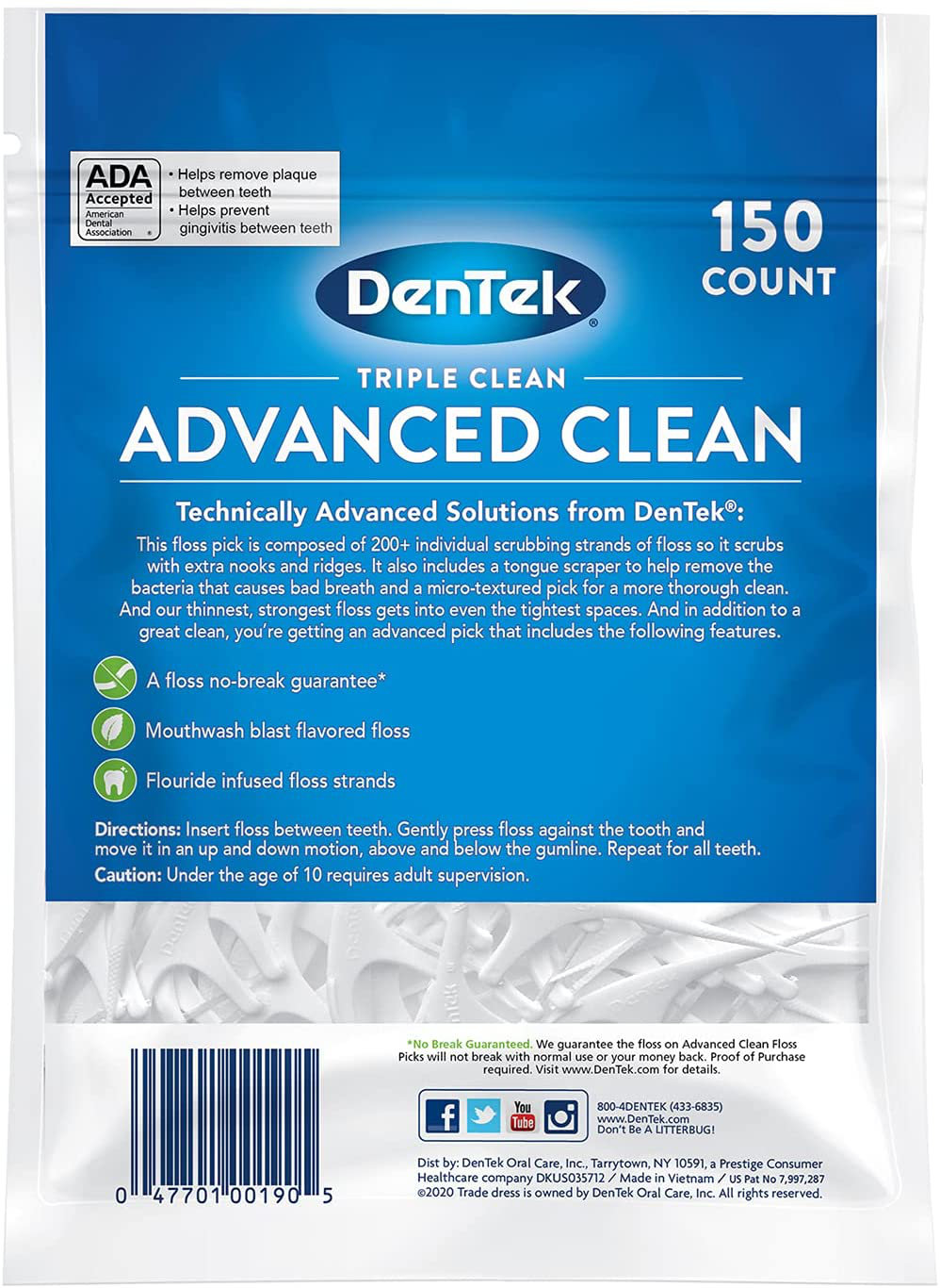 DenTek Triple Clean Advanced Clean Floss Picks, No Break & No Shred Floss, 150 Count, 6 Pack