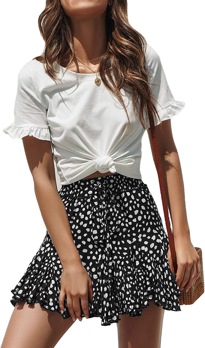 Relipop Women's Floral Flared Short Skirt Polka Dot Pleated Mini Skater Skirt with Drawstring