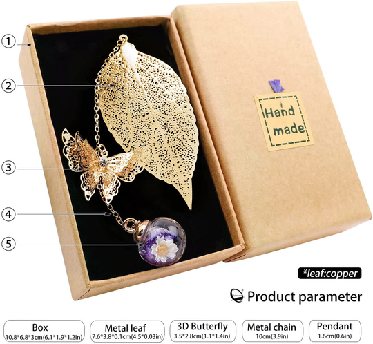 Metal Leaf Bookmark with 3D Butterfly Pendant