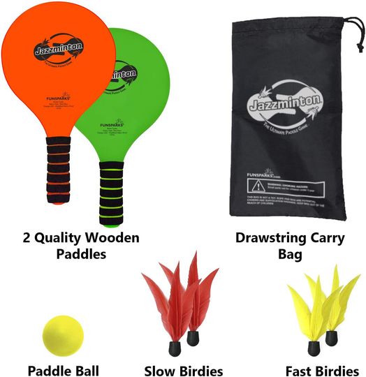 Jazzminton Paddle Ball Game with Carry Bag - Indoor Outdoor Toy - Play at The Beach, Lawn or Backyard - 2 Wooden Racquets - 4 Shuttlecocks - 1 Ball
