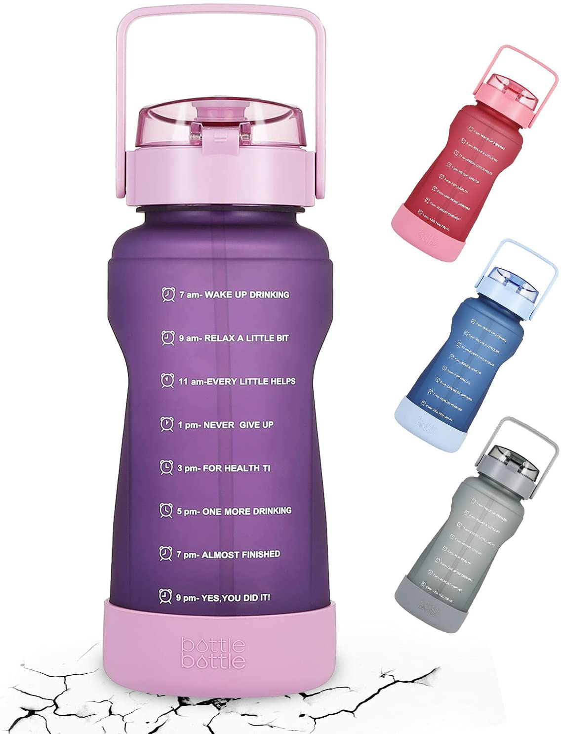 BOTTLE BOTTLE Half Gallon Water Bottle with Time Marker and Straw Workout Leak-proof Water Bottle for Adults and Kids 64oz Water Chug Jug with Protective Silicone Boot (Purple)