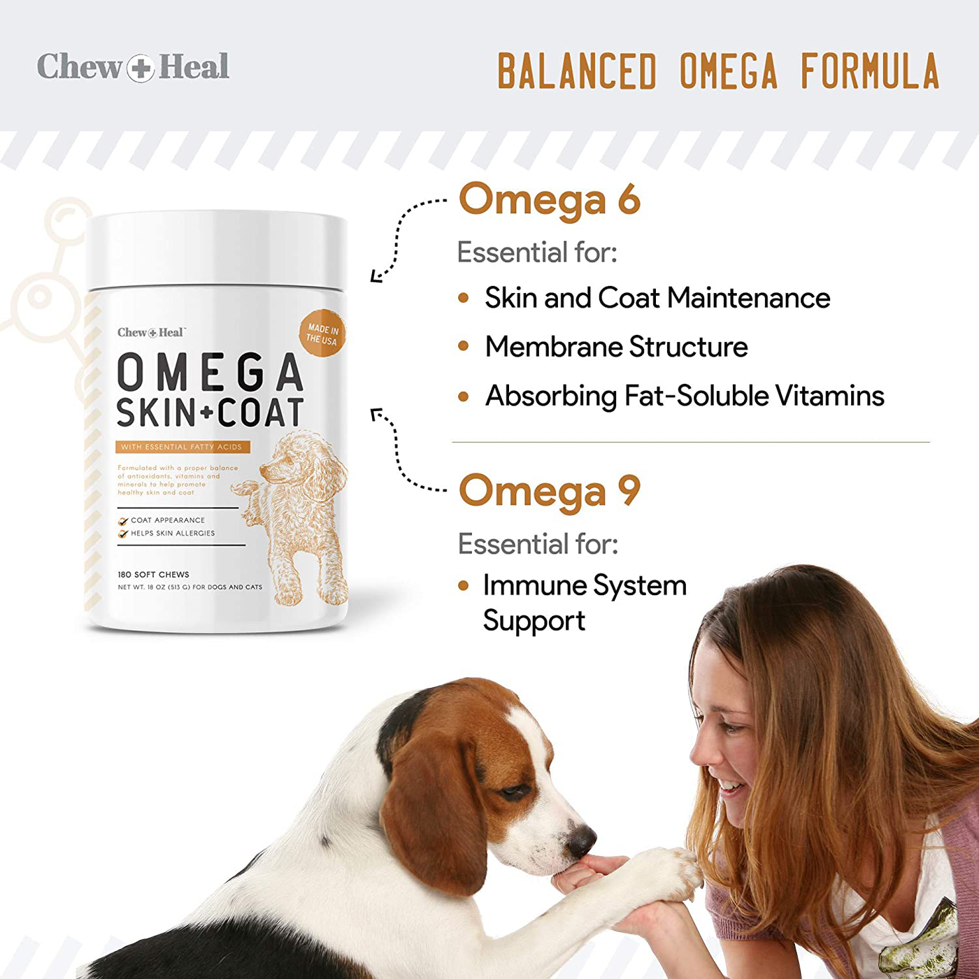 180 Soft Chew Omega Treats for Skin and Coat - Fish Oil Blend of Essential Fatty Acids, Omega 3, 6, and 9, Vitamins, Antioxidants and Minerals