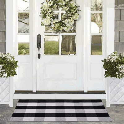 TIDYTIDE Black/White Buffalo Plaid Door Mat- 27.5X43.3 Inches Cotton Hand Woven Check Outdoor Rug- Washable Plaid Rug for Front Porch/Entryway/Farmhouse