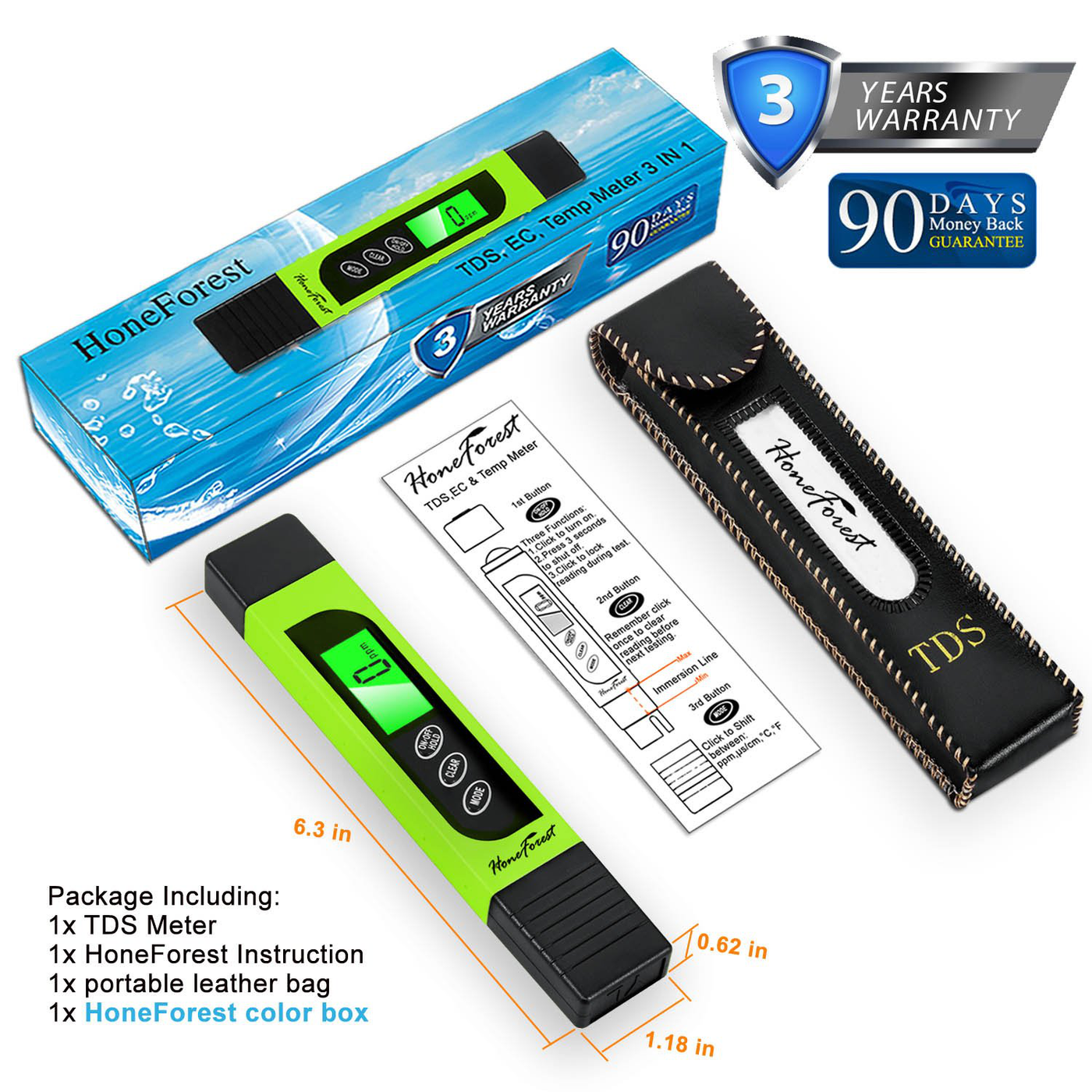 Water Quality Tester, Accurate and Reliable, HoneForest TDS Meter, EC Meter & Temperature Meter 3 in 1, 0-9990ppm, Ideal Water Test Meter for Drinking Water, Aquariums, etc.