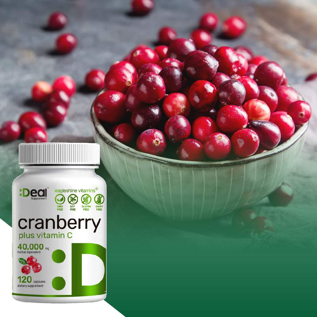 Deal Supplement Cranberry Pills with Vitamin C , Fruit Concentrate 100:1- Equals to 40,000 mg Fresh Cranberries- 120 Capsules, Cleanse & Protect Urinary Tract, Immune Booster - 3 Months Supply