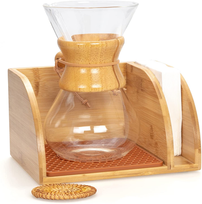 GIRVEM Bamboo Organizer Stand Compatible with Chemex Coffee Makers with Matching Brown Mat, Pour Over Coffee Maker Caddy, Fits Collar and Handle Carafes, Holds Coffee Maker and Filters