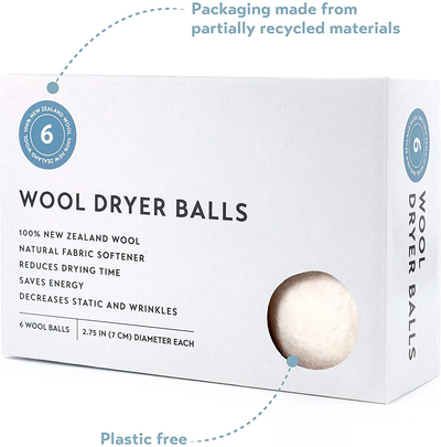 Wool Dryer Balls 6-Pack, XL Size, 100% Organic New Zealand Wool, Reusable and Handmade. Natural Fabric Softener, Reduce Wrinkles and Decrease Drying Time (White)