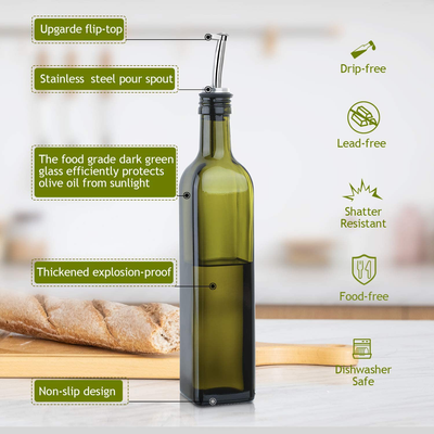 AOZITA 17oz Glass Olive Oil Bottle - 500ml Green Oil & Vinegar Cruet with Pourers and Funnel - Olive Oil Carafe Decanter for Kitchen