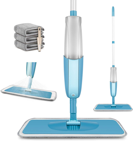 MEXERRIS Microfiber Spray Mop for Floor Cleaning Wet Dry, 360 Degree Spin Microfiber Dust Kitchen Mop with 410ML Refillable Bottle Include 3 Microfiber Reusable Pads and 1 Scrubber