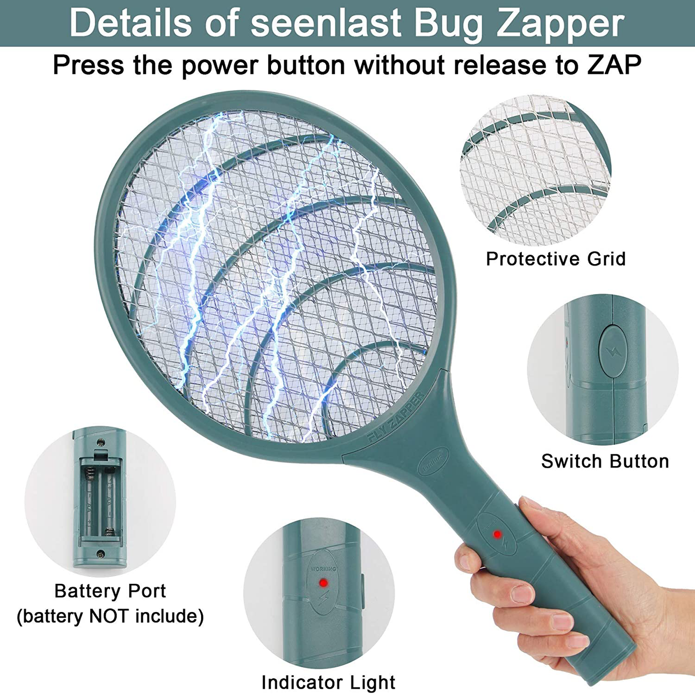 Electronic Fly Swatter 3000 Volt Mosquito Killer Bee Bugs Zapper Racket Pests Insects Control Fly Killer for Indoor Outdoor (Green)