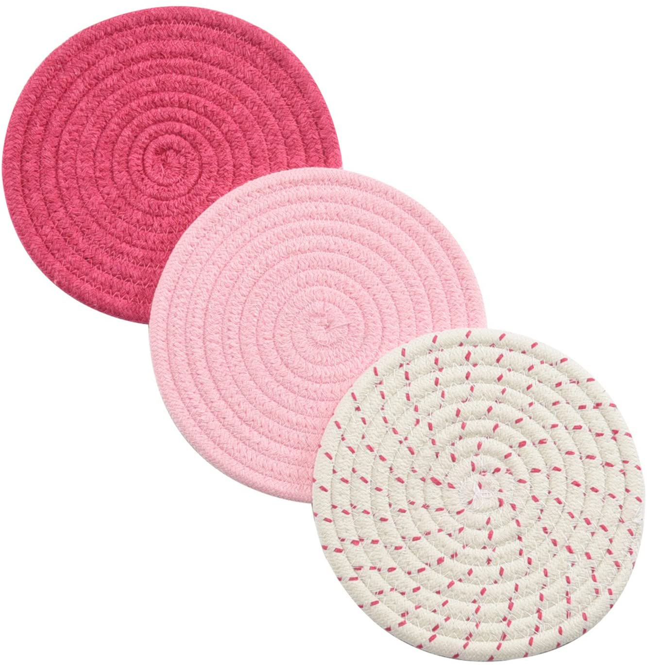 Kitchen Potholders Set Trivets Set 100% Pure Cotton Thread Weave Hot Pot Holders Set (Set of 3) Stylish Coasters, Hot Pads, Hot Mats, Spoon Rest For Cooking and Baking by Diameter 7 Inches (Pink)