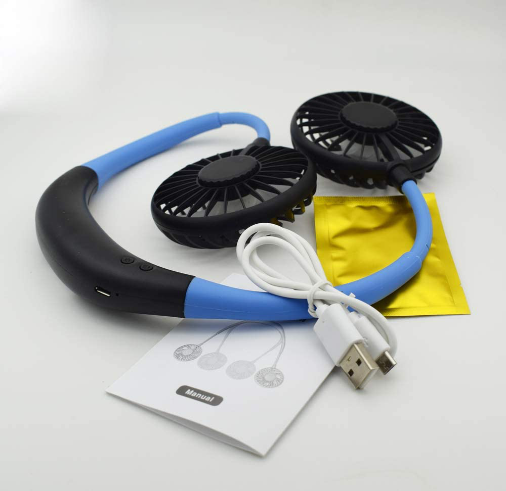 TACY Hands-Free Neckband Fan Sports Personal Fans Wireless & USB Rechargeable Necklace Style Fans Dual-Head Mini Fan (Blue)