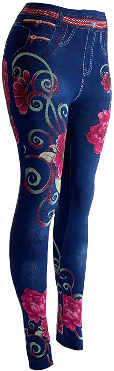 CLOYA Women's Denim Print Seamless Full Leggings for All Seasons - One Size Fits Large & X-Large