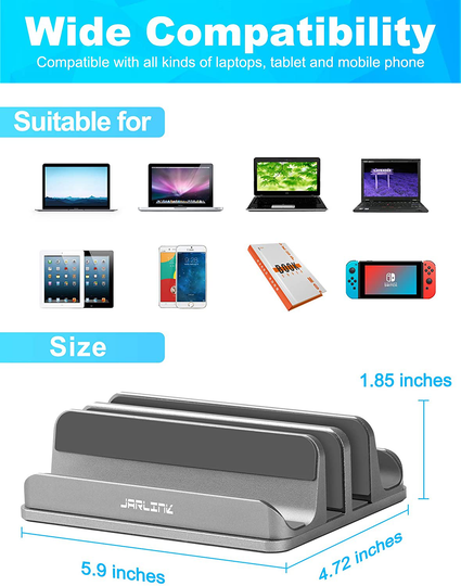 JARLINK Adjustable Vertical Laptop Stand, Desktop Stand Adjustable Laptop Holder with 2 Slots (up to 17.3 inches), Compatible with All MacBook Pro/Air/Microsoft Surface, Newly Designed, (Gray)