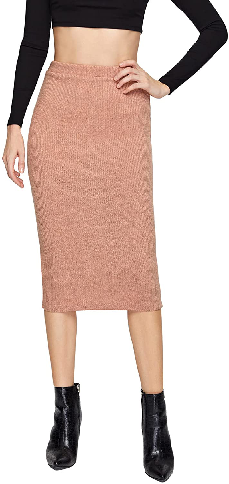 SheIn Women's Elegant Plain Stretchy Ribbed Knit Midi Full Length Basic Pencil Skirt