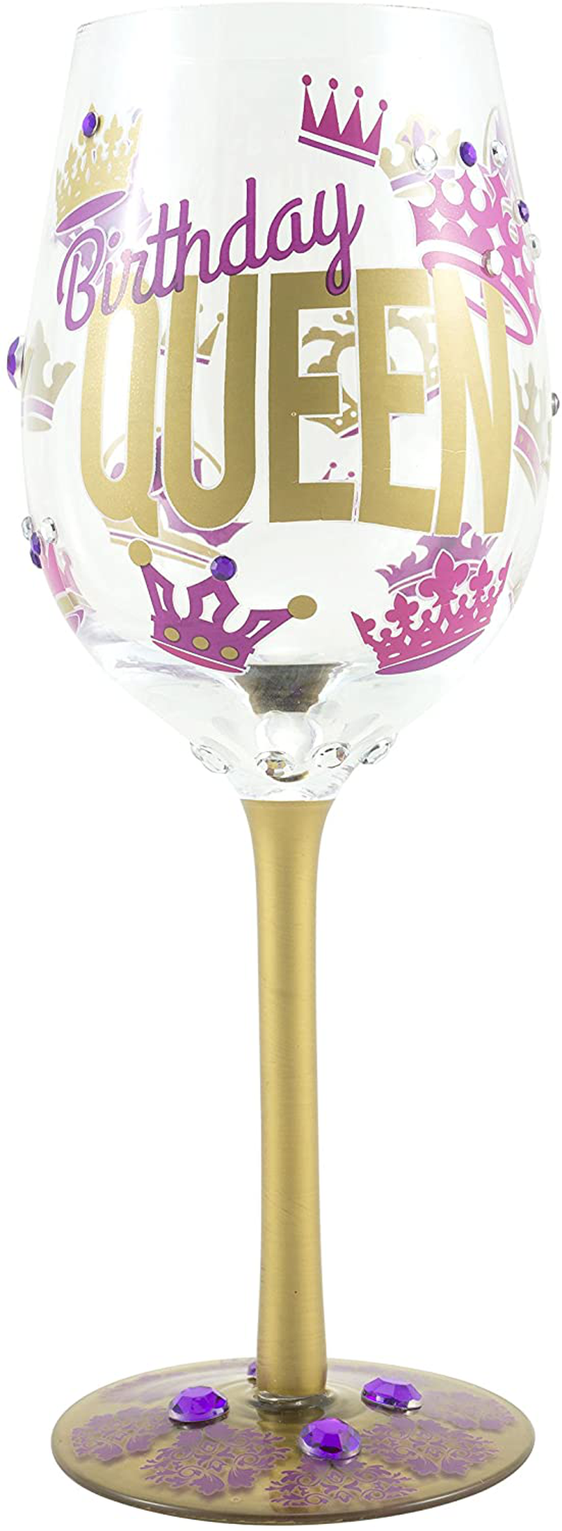 Top Shelf “Birthday Queen” Decorative Wine Glass ; Funny Gifts for Women ; Hand Painted Purple and Gold Design ; Unique Red or White Wine Glasses