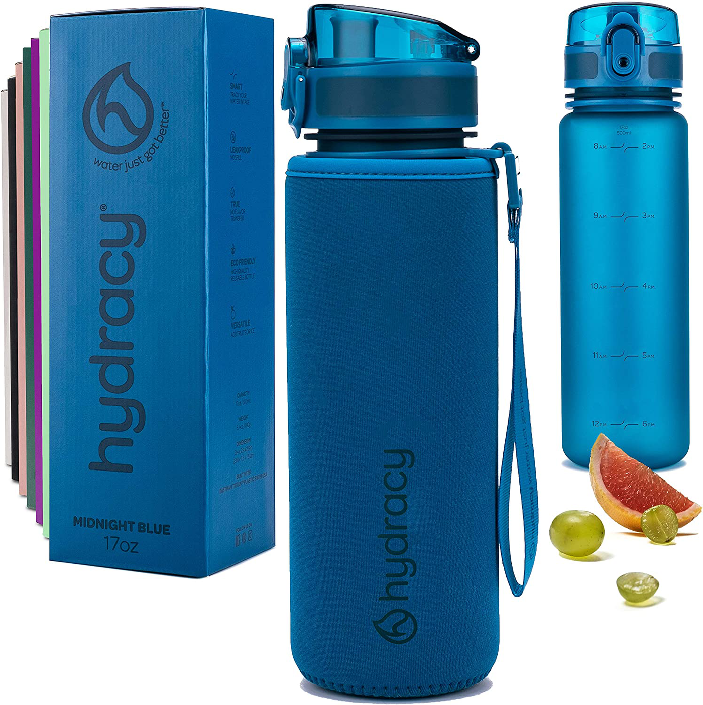 Hydracy Water Bottle with Time Marker - 500 ml 17oz BPA Free Water Bottle -Leak Proof & No Sweat Gym Bottle with Fruit Infuser Strainer -Ideal Gift for Fitness, Sports & Outdoors - Berry Blue